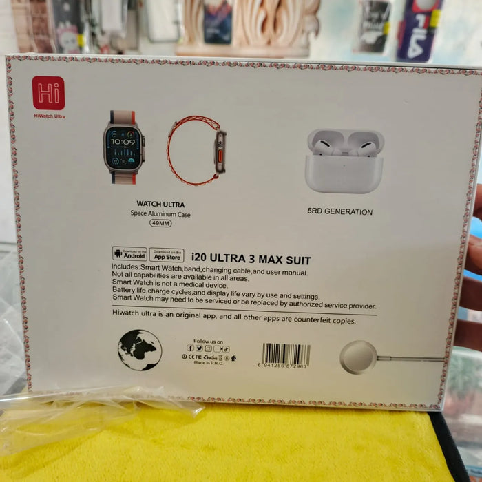 i20 Ultra 3 Max Suit Smartwatch + Wireless Earphones Combo (10-in-1 Set) | 2.3” AMOLED Display